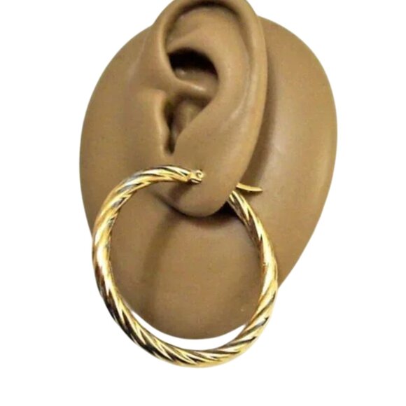 Swirl Rib Line Hoop Pierced Post Stud Earrings Gold Tone 1 1/2" 42mm Large Round - Picture 4 of 6